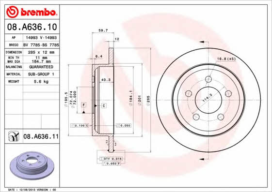 Тормозной диск задний невентилируемый Brembo 08.A636.10