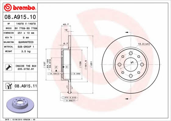 Brembo 08.A915.10 Tarcza hamulcowa tylna, niewentylowana 08A91510: Dobra cena w Polsce na 2407.PL - Kup Teraz!