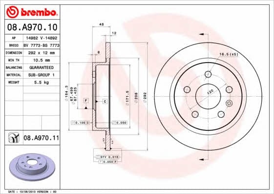 Тормозной диск передний вентилируемый Brembo 08.A970.11