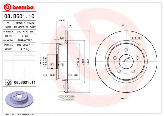 Тормозной диск задний невентилируемый Brembo 08.B601.10