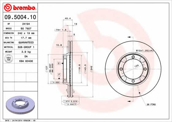 Тормозной диск передний вентилируемый Brembo 09.5004.10