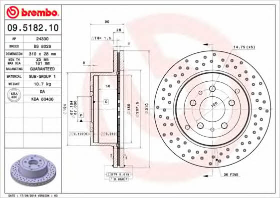 Brembo 09.5182.10 Rear ventilated brake disc 09518210: Buy near me in Poland at 2407.PL - Good price!