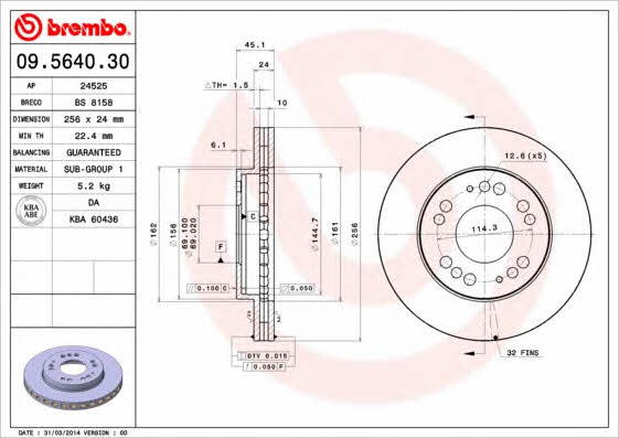 Тормозной диск передний вентилируемый Brembo 09.5640.30