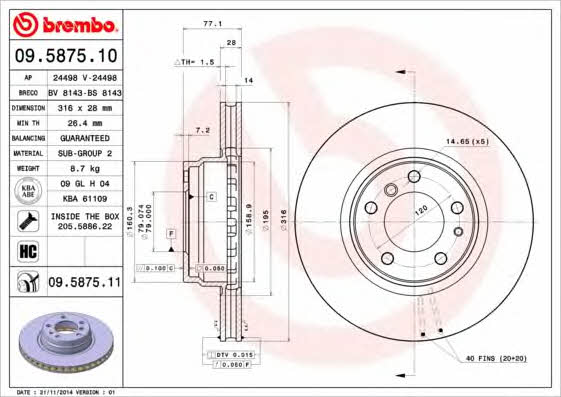Brembo 09.5875.10 Тормозной диск передний вентилируемый 09587510: Отличная цена - Купить в Польше на 2407.PL!