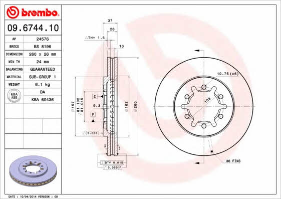 Тормозной диск вентилируемый, 1 шт. Brembo 09.6744.10