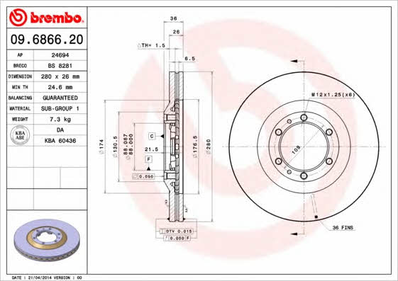 Диск гальмівний вентильований, 1 шт. Brembo 09.6866.20