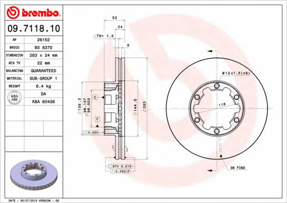 Front brake disc ventilated Brembo 09.7118.10