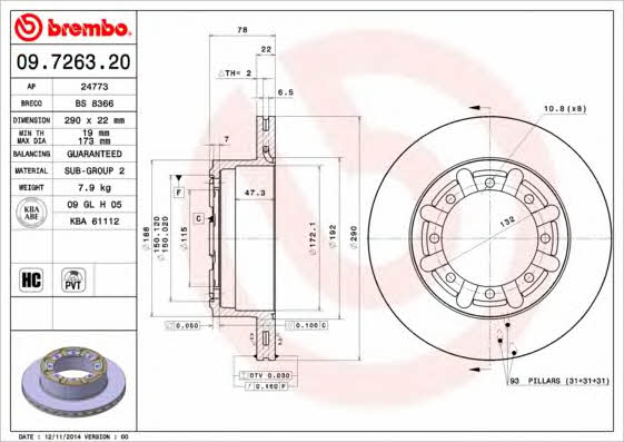 Тормозной диск задний вентилируемый Brembo 09.7263.20
