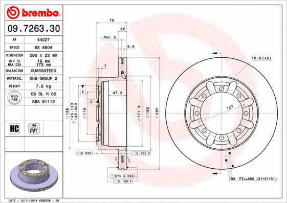 Rear ventilated brake disc Brembo 09.7263.30