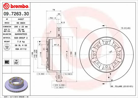 Hintere belüftete Bremsscheibe Brembo 09.7263.30