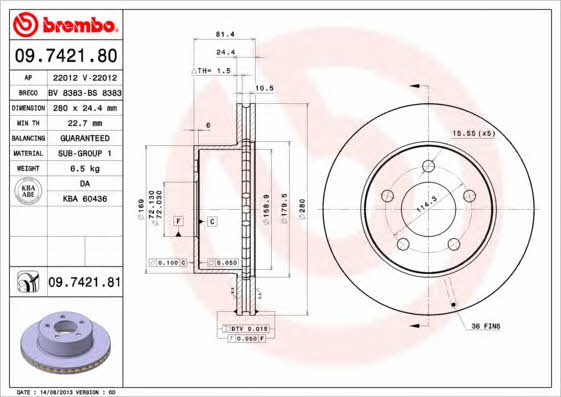 Тормозной диск вентилируемый, 1 шт. Brembo 09.7421.80