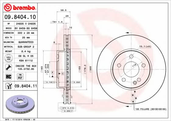 Brembo 09.8404.10 Ventilated disc brake, 1 pcs. 09840410: Buy near me in Poland at 2407.PL - Good price!