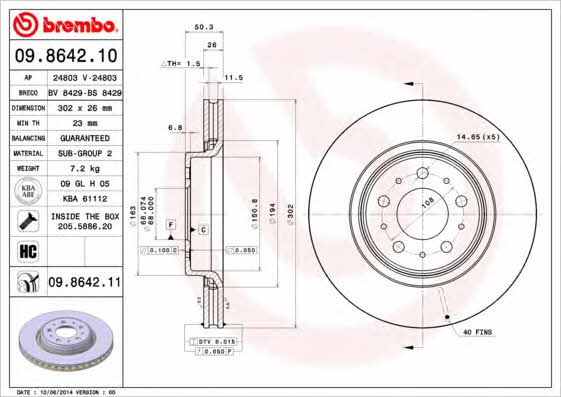 Brembo 09.8642.10 Тормозной диск передний вентилируемый 09864210: Отличная цена - Купить в Польше на 2407.PL!