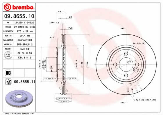 Vented brake disc, 1 pc Brembo 09.8655.11