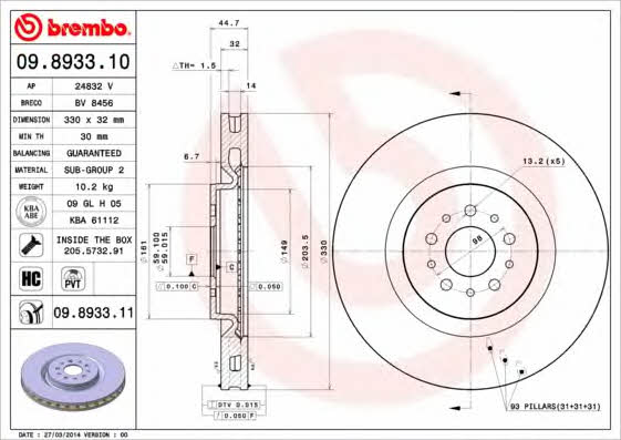 Купить Brembo 09893311 – отличная цена на 2407.PL!