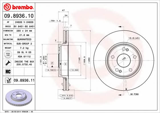Brembo 09.8936.10 Тормозной диск передний вентилируемый 09893610: Отличная цена - Купить в Польше на 2407.PL!