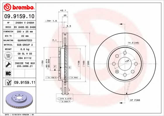 Ventilated disc brake, 1 pcs. Brembo 09.9159.10