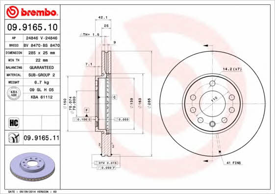 Ventilated disc brake, 1 pcs. Brembo 09.9165.10