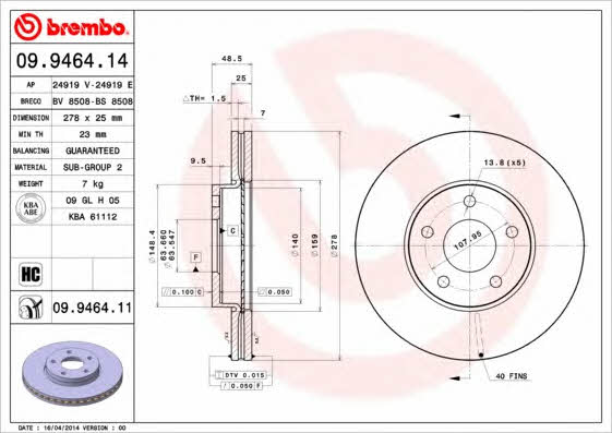 Brembo 09.9464.14 Front brake disc ventilated 09946414: Buy near me in Poland at 2407.PL - Good price!