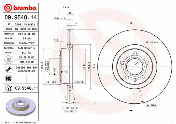 Тормозной диск передний вентилируемый Brembo 09.9540.11