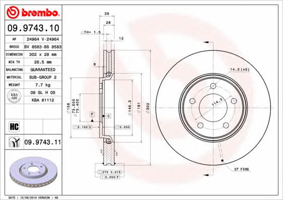 Wentylowana przednia tarcza hamulcowa Brembo 09.9743.11