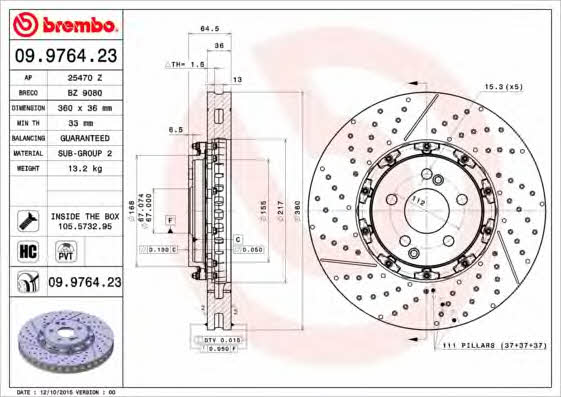 Wentylowana przednia tarcza hamulcowa Brembo 09.9764.23