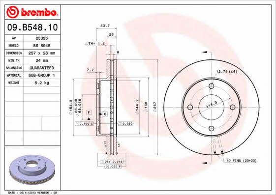 Диск гальмівний передній вентильований Brembo 09.B548.10