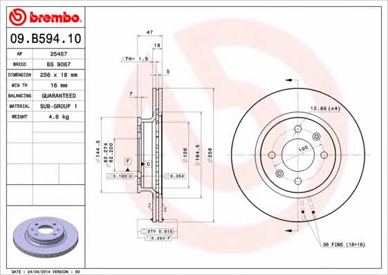 Тормозной диск передний вентилируемый Brembo 09.B594.10