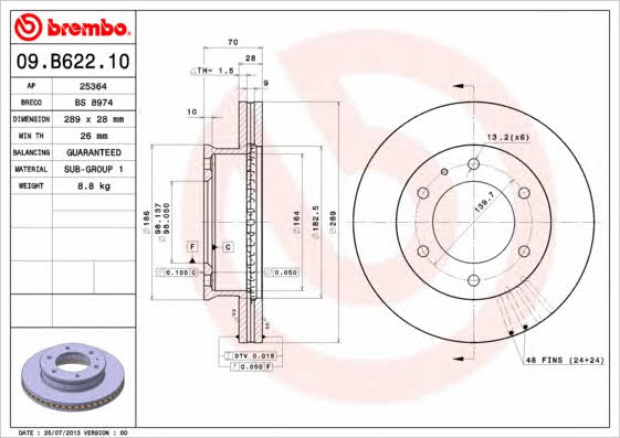 Front brake disc ventilated Brembo 09.B622.10