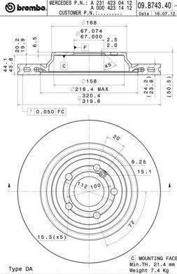 Tarcza hamulcowa wentylowana, 1 szt. Brembo 09.B743.41