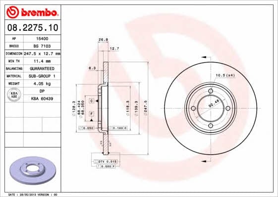 Unventilated front brake disc Brembo 08.2275.10