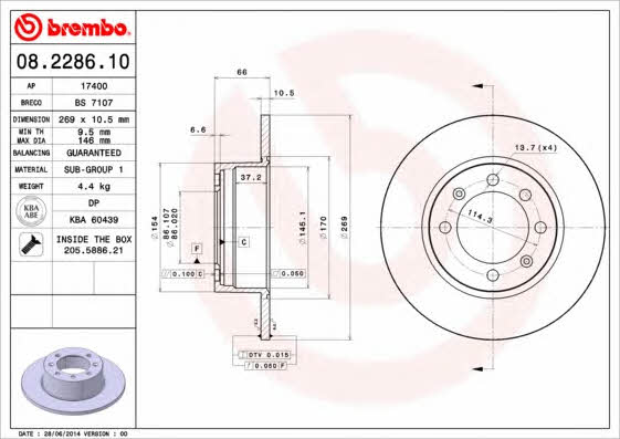 Тормозной диск задний невентилируемый Brembo 08.2286.10