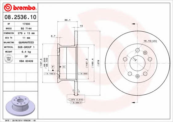 Тормозной диск передний невентилируемый Brembo 08.2536.10