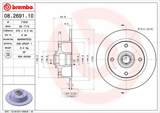 Тормозной диск передний невентилируемый Brembo 08.2691.10