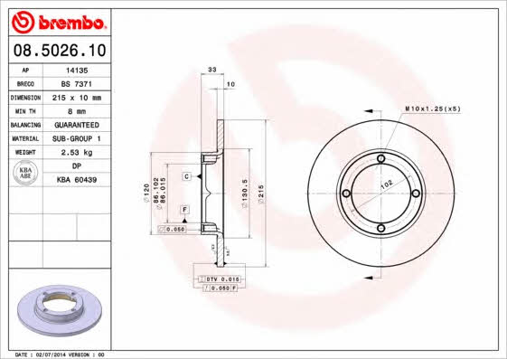 Тормозной диск передний невентилируемый Brembo 08.5026.10
