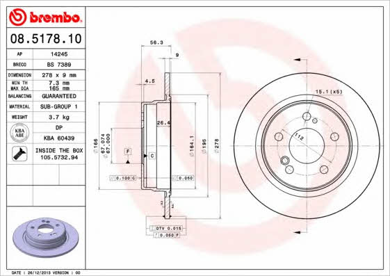 Rear brake disc, non-ventilated Brembo 08.5178.10