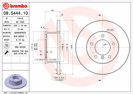 Тормозной диск передний невентилируемый Brembo 08.5444.10