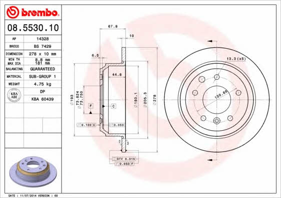 Brembo 08.5530.10 Rear brake disc, non-ventilated 08553010: Buy near me in Poland at 2407.PL - Good price!