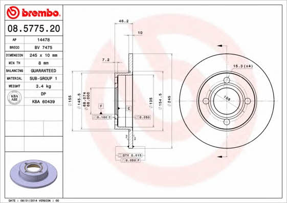 Диск гальмівний задній невентильований Brembo 08.5775.20