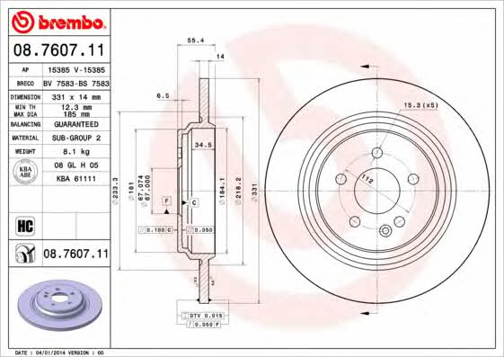 Rear brake disc, non-ventilated Brembo 08.7607.11