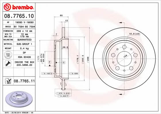 Brembo 08.7765.10 Rear brake disc, non-ventilated 08776510: Buy near me in Poland at 2407.PL - Good price!