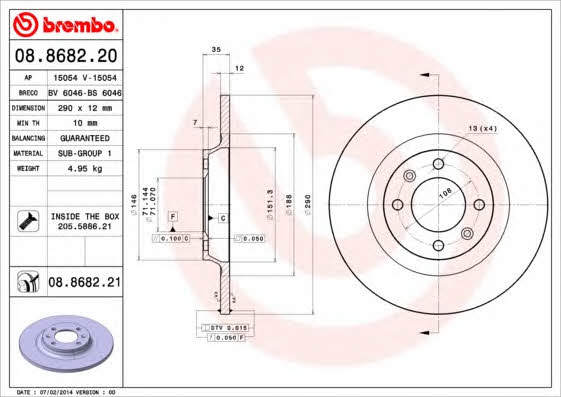 Brembo 08.8682.20 Rear brake disc, non-ventilated 08868220: Buy near me in Poland at 2407.PL - Good price!