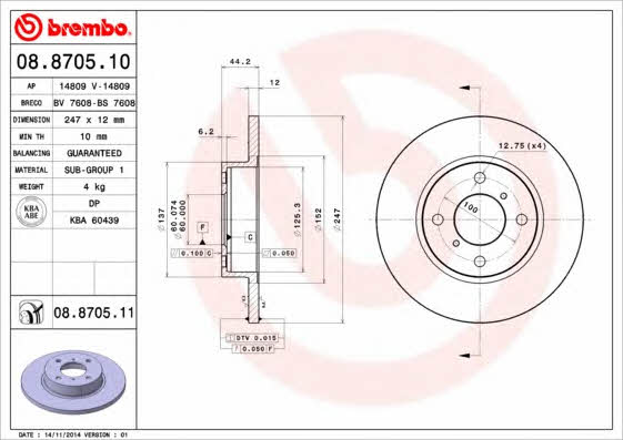 Brembo 08.8705.10 Unventilated front brake disc 08870510: Buy near me at 2407.PL in Poland at an Affordable price!