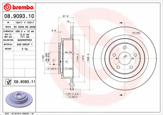 Brembo 08.9093.10 Rear brake disc, non-ventilated 08909310: Buy near me in Poland at 2407.PL - Good price!