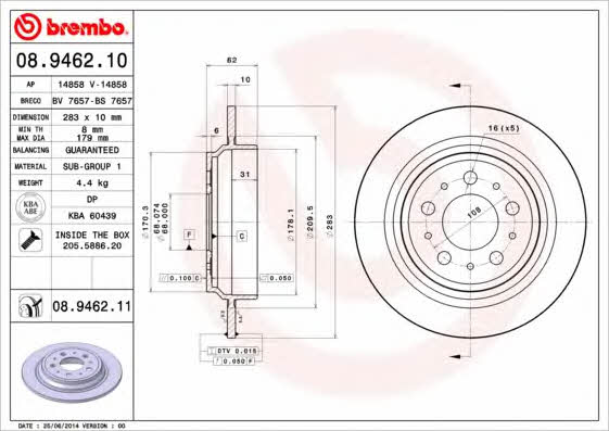 Rear brake disc, non-ventilated Brembo 08.9462.11