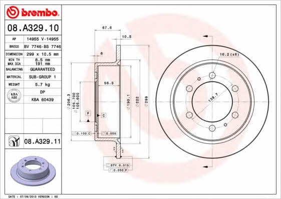 Brembo 08.A329.10 Rear brake disc, non-ventilated 08A32910: Buy near me in Poland at 2407.PL - Good price!