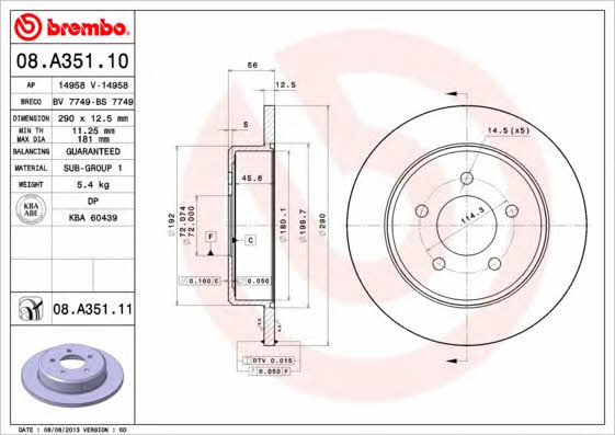 Bremsscheibe hinten, unbelüftet Brembo 08.A351.11