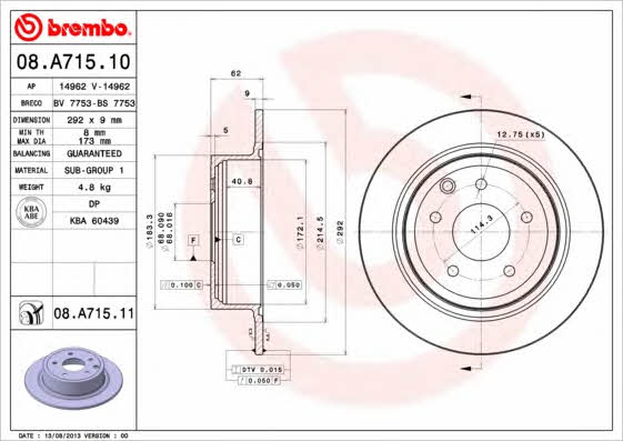 Тормозной диск задний невентилируемый Brembo 08.A715.10