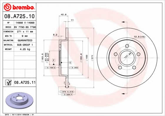 Тормозной диск задний невентилируемый Brembo 08.A725.10