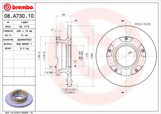 Rear brake disc, non-ventilated Brembo 08.A730.10